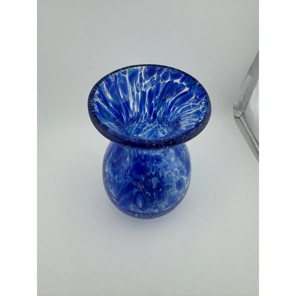 Blue Art Glass Vase Swirl‎ Design Round Home Decor Unique Small Vase